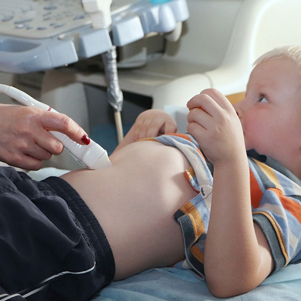 An ultrasound doctor makes an ultrasound of the abdominal cavity